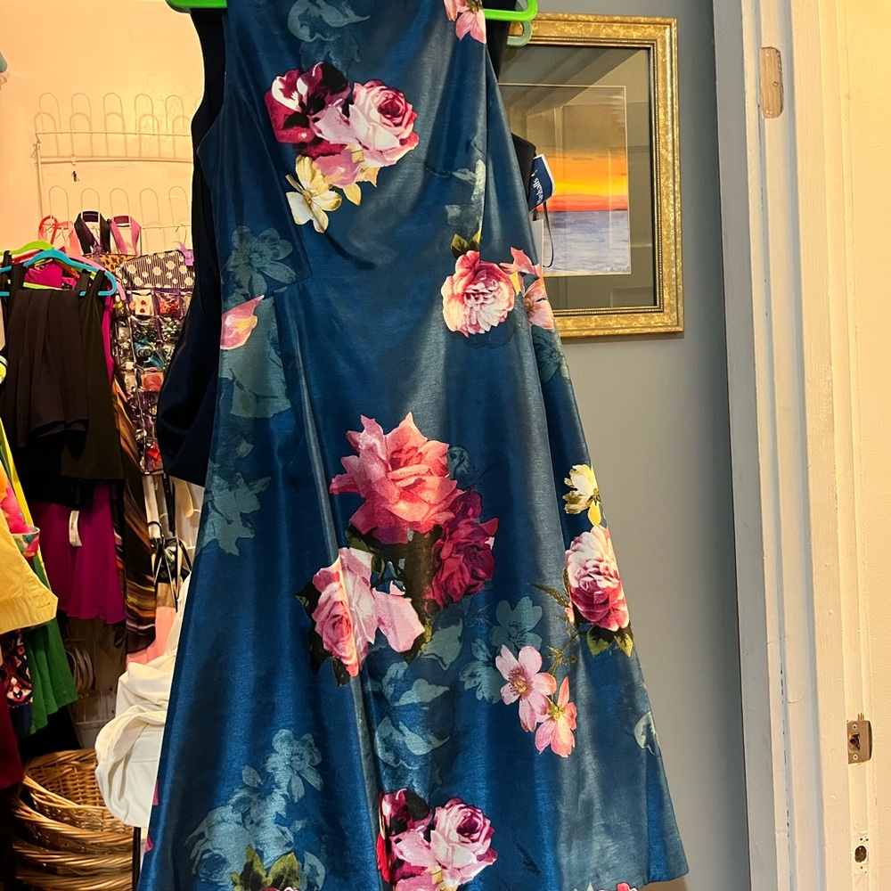 Roz & Ali Teal Floral A-Line Dress with Pink and Yellow Blooms